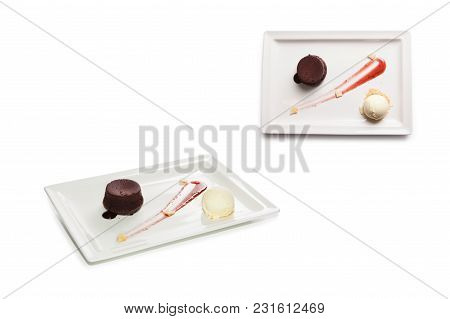 Petit Gateau Dessert With Ice Cream  In White Background