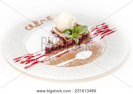 Cherry Pie With Ice Cream On White Plate