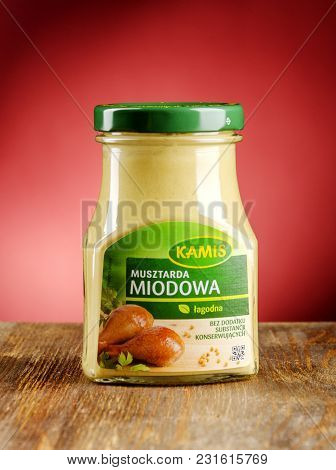 Kwidzyn, Poland - March 17, 2018: Kamis Mustard On Gradient Background. Kamis Was Founded In Poland 