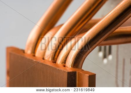 Aluminum Radiator With Copper Heat Pipe Close-up With Beautiful Bokeh Metallic