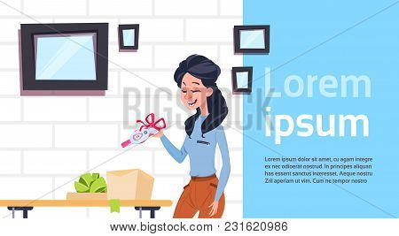 Woman Holding Positive Prenancy Test With Red Ribbon Bow Over Background With Copy Space Flat Vector