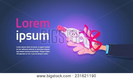 Hand Holding Positive Prenancy Test With Red Ribbon Bow Over Template Background Flat Vector Illustr