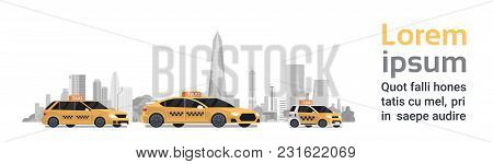 Three Yellow Taxi Car Cabs Over Silhouette City Background With Copy Space Horizontal Banner Flat Ve