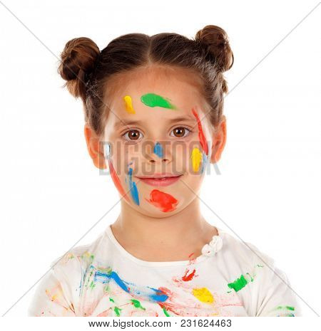 Funny girl with hands and face full of paint isolated on a white background