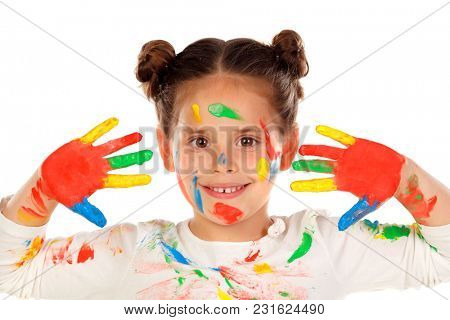 Funny girl with hands and face full of paint isolated on a white background