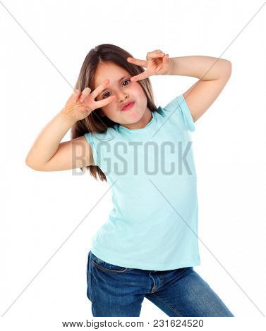 Funny small girl posing like a fashion woman isolated on a white background