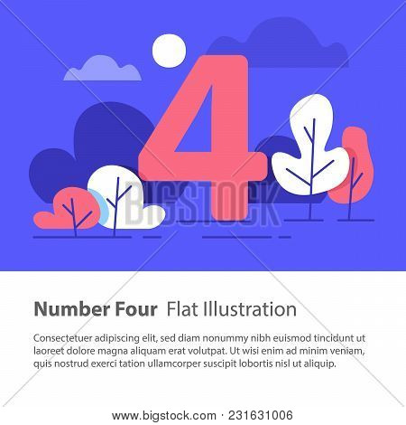 Number Four, Top Chart Concept, Sequential Number, Night Sky, Park Trees, Vector Flat Design, Minima