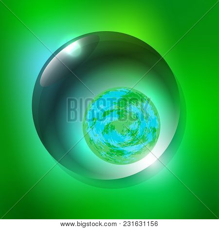 World Environment Day. Water Drop. Inside It Is The Planet Earth. Background Is Green Blurred