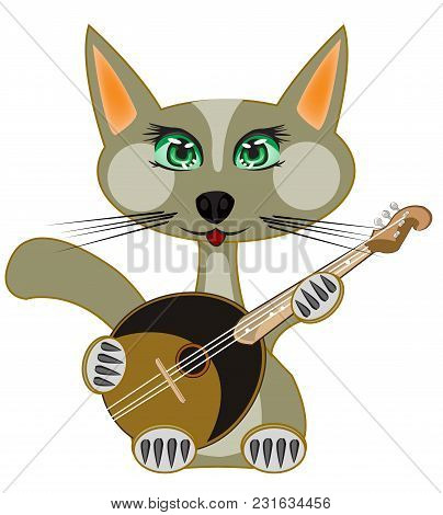 Pets Cat Plays On Music Instrument Dombra
