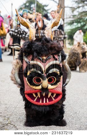 Yambol, Bulgaria - February 24.2018: Xix International Masquerade Festival Kukerland 2018 Kukeri Mas