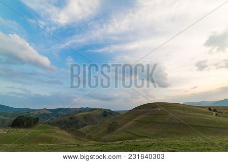 Beautiful Mountain Landscape With Trees And A Cloudy Morning Sky, Dumesti, Salciua, Apuseni, Romania
