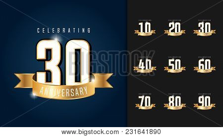 Set Of Anniversary Logotype. Anniversary Celebration Emblem With Ribbon Design For Booklet, Leaflet,