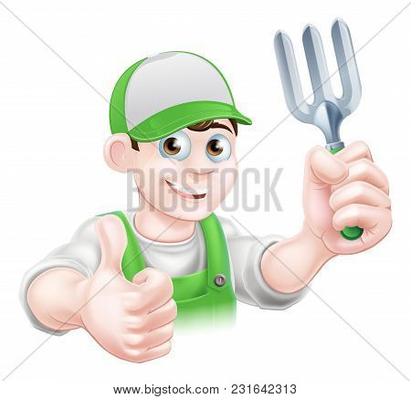 Cartoon Happy Gardener In A Cap And Dungarees Holding A Garden Fork Tool And Giving A Thumbs Up