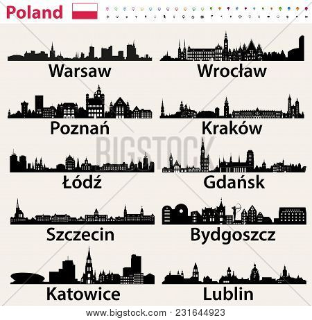 Poland Largest City Skylines Silhouettes Vector Set