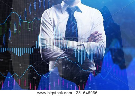 Businessman With Folded Arms Standing On Abstract Forex Chart City Background. Fund Management And B
