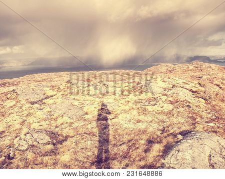 Picturesque Norway Sea Landscape, Aerialview From Mountain Peak. Sharp Rocks With Yellow Grass,  The