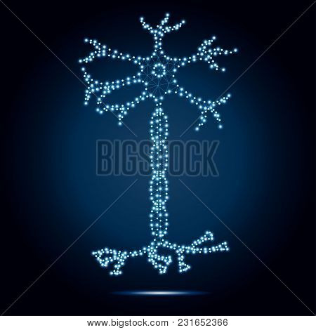 Nerve Cell Neuron, Isolated On Blue Backdrop With Stars, Dots, Low Poly Polygon Design. Polygonal Tr