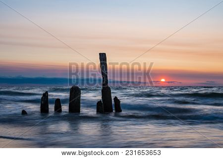 Groynes On Shore Of The Baltic Sea In Kuehlungsborn, Germany.
