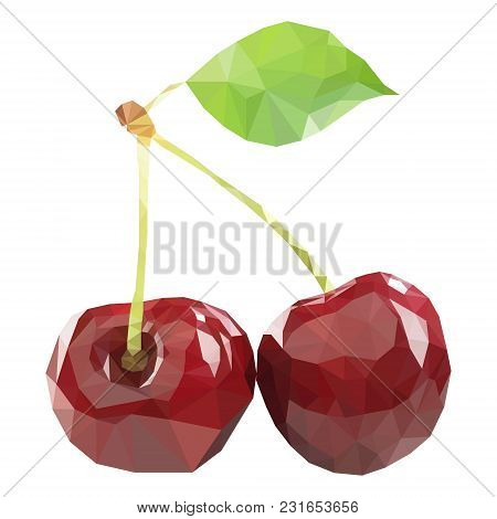 Polygonal Cherry In Vector, Low Poly Style Cherry. Two Cherries