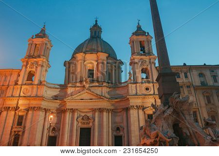 Piazza Navona With Sant Agnese Church And Fountain Of The Four Rivers Rome Outdoors