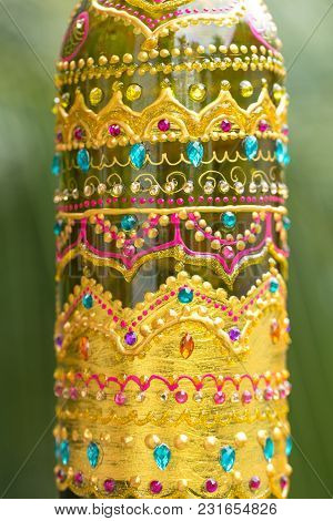 Decorative Glass Bottle Is Painted And Decorated With Rhinestones