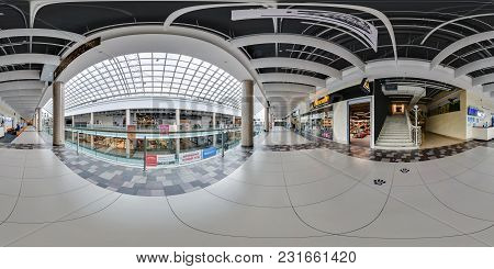 Minsk, Belarus - August 26, 2014: Panorama 360 Angle View In Hall Of Modern Trade Center With Severa