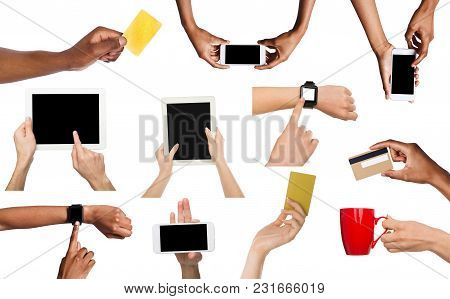 Set Of Male And Female Hands Holding Items. Gadgets, Business Crads And Coffee Cup In Various Hadns.