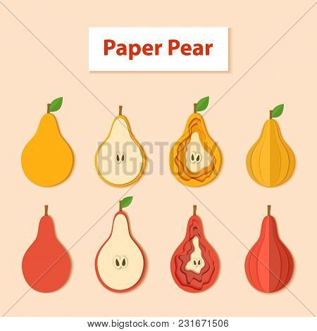 Set Of Aper Cut Pear. Vector Illustration. Paper Art Style Apple. Origami Concept. Vector Yellow And