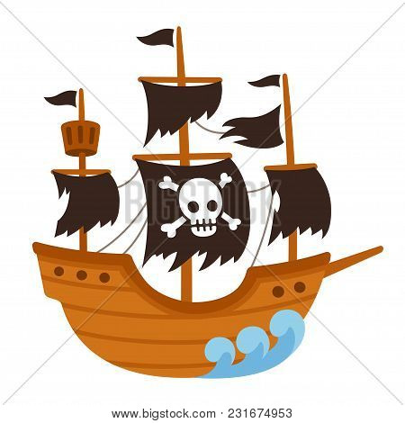 Cartoon Pirate Ghost Ship Illustration With Skull Flag And Torn Black Sails. Cute Vector Drawing.