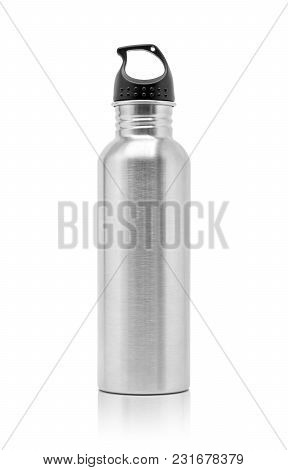 Metallic Aluminum Water Drinking Bottle For Sport Activity Isolated On White Background With Clippin