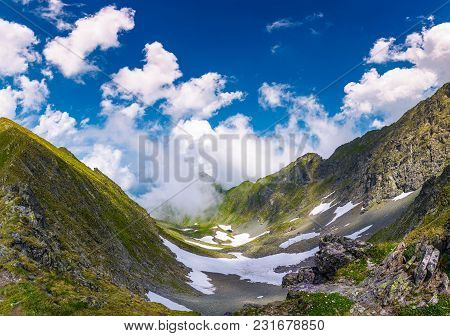 Beautiful Cloud Formation Over The Gorgeous Ridge. Lovely Summer Scenery In Mountains. Location Faga