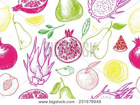 Healthy Fruit Hand Drawn Seamless Vector Texture.