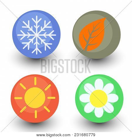 Four Season Vector Icon Set, Seasonal Button With Glassy Lustre And Shadow - Spring Flower, Autumn L