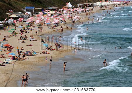 Primorsko, Bulgaria - 7 September, 2016: People Relax On The Beach