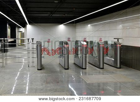 Moscow, Russia - March 17. 2018. Turnstiles At The Entrance To The Metro Station Petrovsky Park