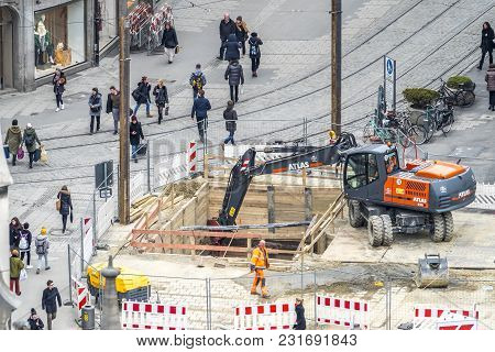 Munich , Germany - February 15 2018 : The Construction Site At Marienhof Is Progressing.