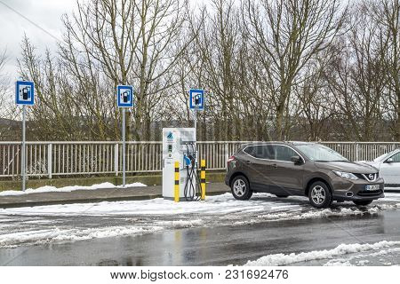 Limburg , Germany - February 11 2018 : Electric Filling Station Ready To Charge The Cars.
