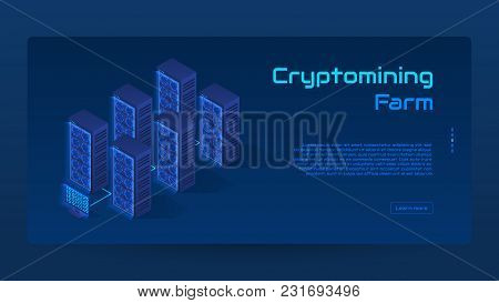 Abstract Cryptomining Isometric Concept Banner. Modern Concept Of Digital Crypto Mining Technology. 