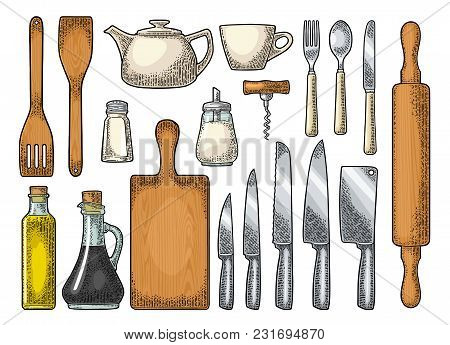 Set Kitchen Utensils. Wood Cutting Board, Manual Grinder, Spade Of Frying Pan, Knife, Spoon, Fork, B