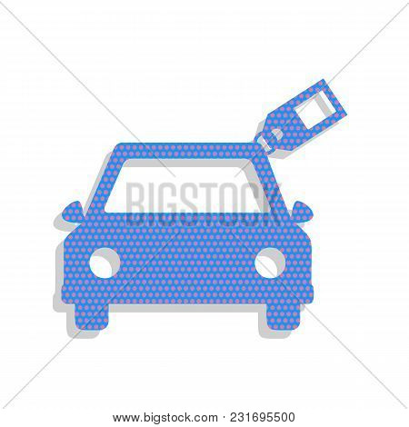 Car Sign With Tag. Vector. Neon Blue Icon With Cyclamen Polka Dots Pattern With Light Gray Shadow On