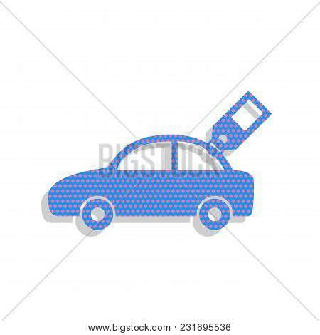 Car Sign With Tag. Vector. Neon Blue Icon With Cyclamen Polka Dots Pattern With Light Gray Shadow On