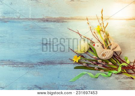 Easter Background With Easter Eggs, Pussy-willow And Spring Flowers Tulips. Top View With Copy Space