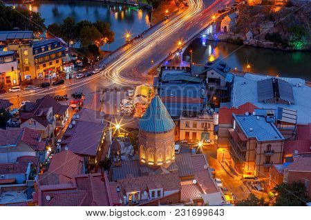 Scenic Aerial View Of The City At Sunset. Tbilisi. Georgia.