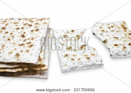 A Photo Of Two Pieces Of Matzah Or Matza Isolated On White Background. Matzah For The Jewish Passove