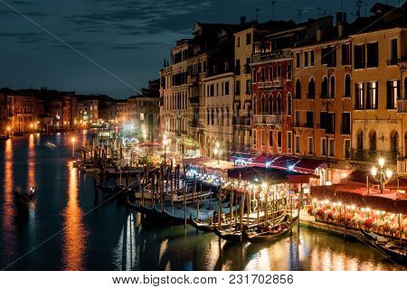 Grand Canal At Night In Venice, Italy. This Street Is One Of The Best-known Sights In Venice. The Il