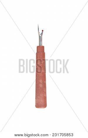 Old And Used Seam Unpicker Or Seam Ripper Isolated On A White Background, Sewing Kit, Saved Path