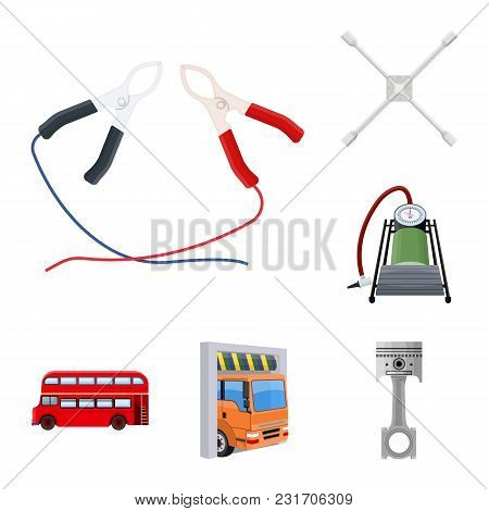 Car, Lift, Pump And Other Equipment Cartoon Icons In Set Collection For Design. Car Maintenance Stat