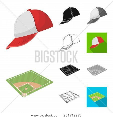 Baseball And Attributes Cartoon, Black, Flat, Monochrome, Outline Icons In Set Collection For Design