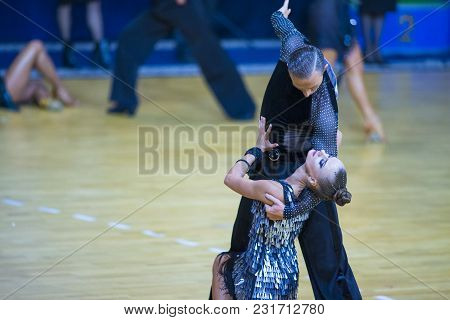 Minsk-belarus, March 11, 2018: Dance Couple Of Ivan Boykov And Dariya Prokopenko Performs Adult Lati