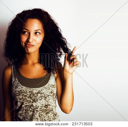 Young Pretty Taned Girl Close Up Portrait Smiling Confident Brunette Warm, Lifestyle People Concept 